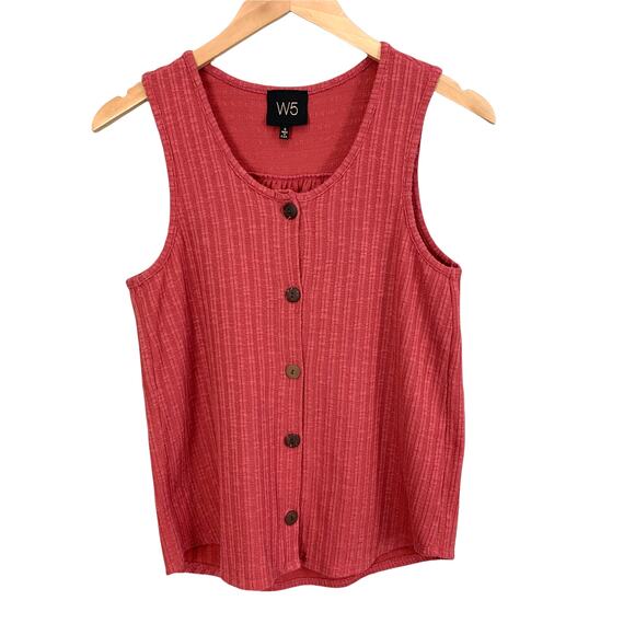 W5 Ribbed Tank Top Shirt Button Down Knit Blouse Rust Pink Red S Small Textured - Picture 1 of 7